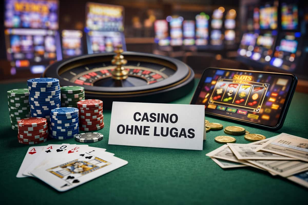 Casino ohne LUGAS mit seriöser Online-Casino-Atmosphäre, Spieltisch, Chips und digitalem Casino-Setting.